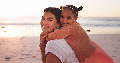Buy stock photo Piggyback, portrait and mom with child at beach for bonding on vacation, holiday and summer morning. Sunrise, travel and happy mother carrying girl by sea for relationship, connection and love