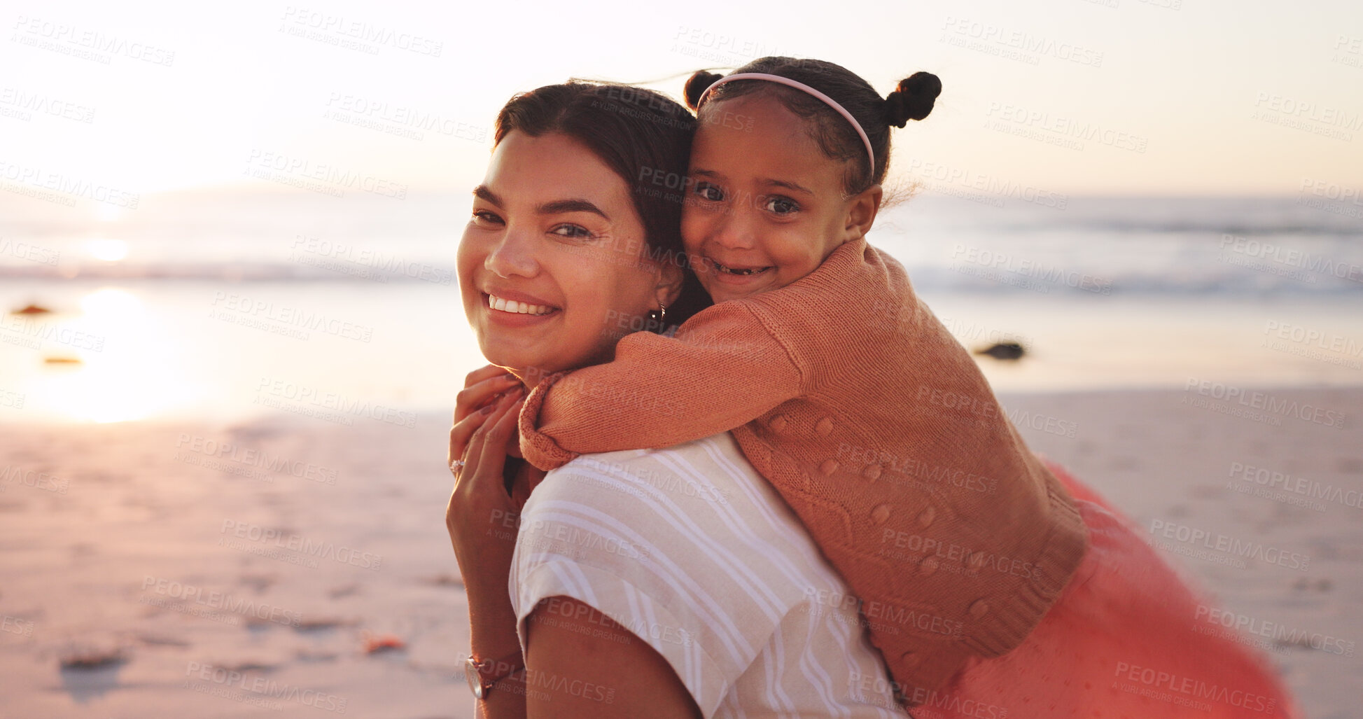 Buy stock photo Piggyback, portrait and mom with child at beach for bonding on vacation, holiday and summer morning. Sunrise, travel and happy mother carrying girl by sea for relationship, connection and love