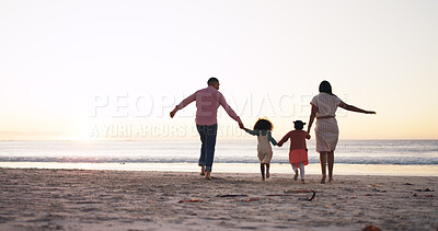Buy stock photo Holding hands, beach and back of parents with kids for family holiday, adventure and weekend. Travel, space and walking by sea with mom, dad and children for bonding, connection and relax on vacation