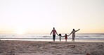 Walking, beach and back of family with children holding hands for holiday, adventure and weekend. Mom, dad and kids by sea for bonding, connection and relax on vacation, summer and travel with space