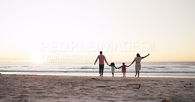 Buy stock photo Walking, beach and back of family with children holding hands for holiday, adventure and weekend. Mom, dad and kids by sea for bonding, connection and relax on vacation, summer and travel with space