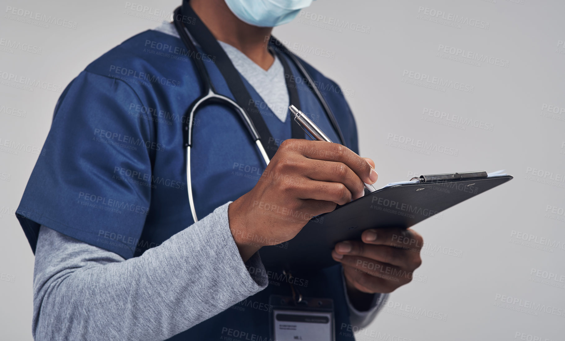 Buy stock photo Hands, clipboard and medical nurse writing in studio for results, information or healthcare by space. Medicine, male person and paperwork for records, review or list for surgery on gray background