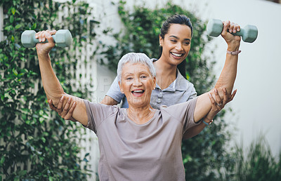 Buy stock photo Physiotherapist, weights and senior woman outdoor for healing, strength and consulting. Happy, physical therapist and elderly patient with dumbbell for arthritis, mobility exercise or support in home
