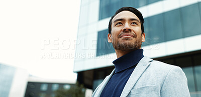 Buy stock photo Thinking, business and man in city for property investment, urban development and opportunity. Low angle, space and corporate person with inspiration, ambition or reflection for real estate expansion