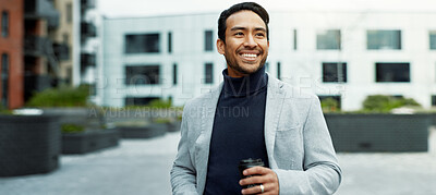 Buy stock photo Business, walking and happy man in city with coffee for travel, reflection and morning commute. Corporate, finance advisor and person in town with drink for financial career, thinking and start day