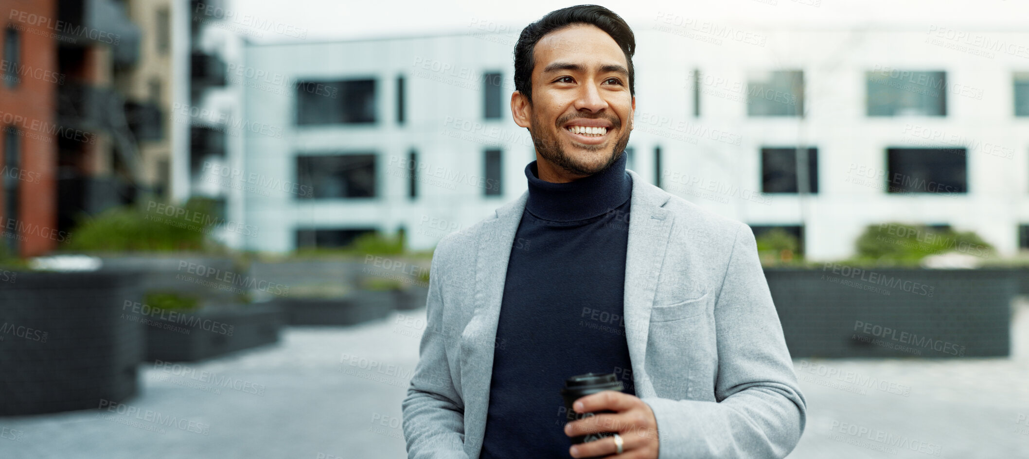 Buy stock photo Business, walking and happy man in city with coffee for travel, reflection and morning commute. Corporate, finance advisor and person in town with drink for financial career, thinking and start day