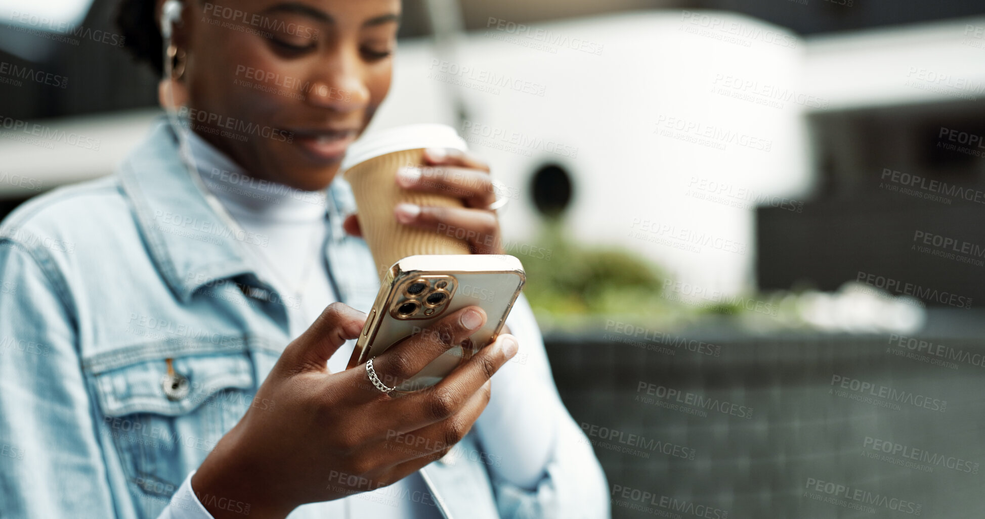 Buy stock photo Coffee, typing and black woman in city with phone for social media, contact and chat in morning. Happy, break and person with drink and cellphone for message, communication and internet in town
