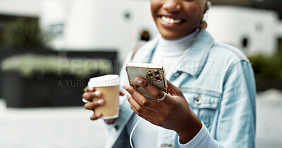 Buy stock photo Coffee, happy and woman in city with phone for social media, contact and email in morning. Earphones, commute and person with drink and cellphone for chat, communication and streaming music in town