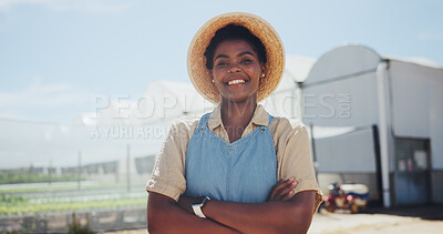 Buy stock photo Arms crossed, farmer and black woman with portrait for agriculture, sustainability and harvest. Greenhouse, confident and cultivator with agro business for crops, about us or hydroponics produce