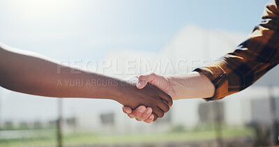 Buy stock photo Shaking hands, deal and farmer with partnership for agriculture, sustainability and agreement. Greenhouse, handshake and people on farm with agro business for crops, collaboration or teamwork