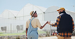 Fist bump, deal and farmer with partnership for agriculture, sustainability and harvest. Greenhouse, agreement and people on farm with agro business for crops, quality control or collaboration