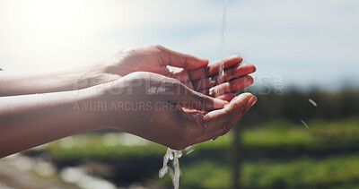 Buy stock photo Farming, water and sustainability with hands in nature for supply chain, growth and irrigation. Agriculture, countryside and field health with person and splash outdoor for wellness and hydration