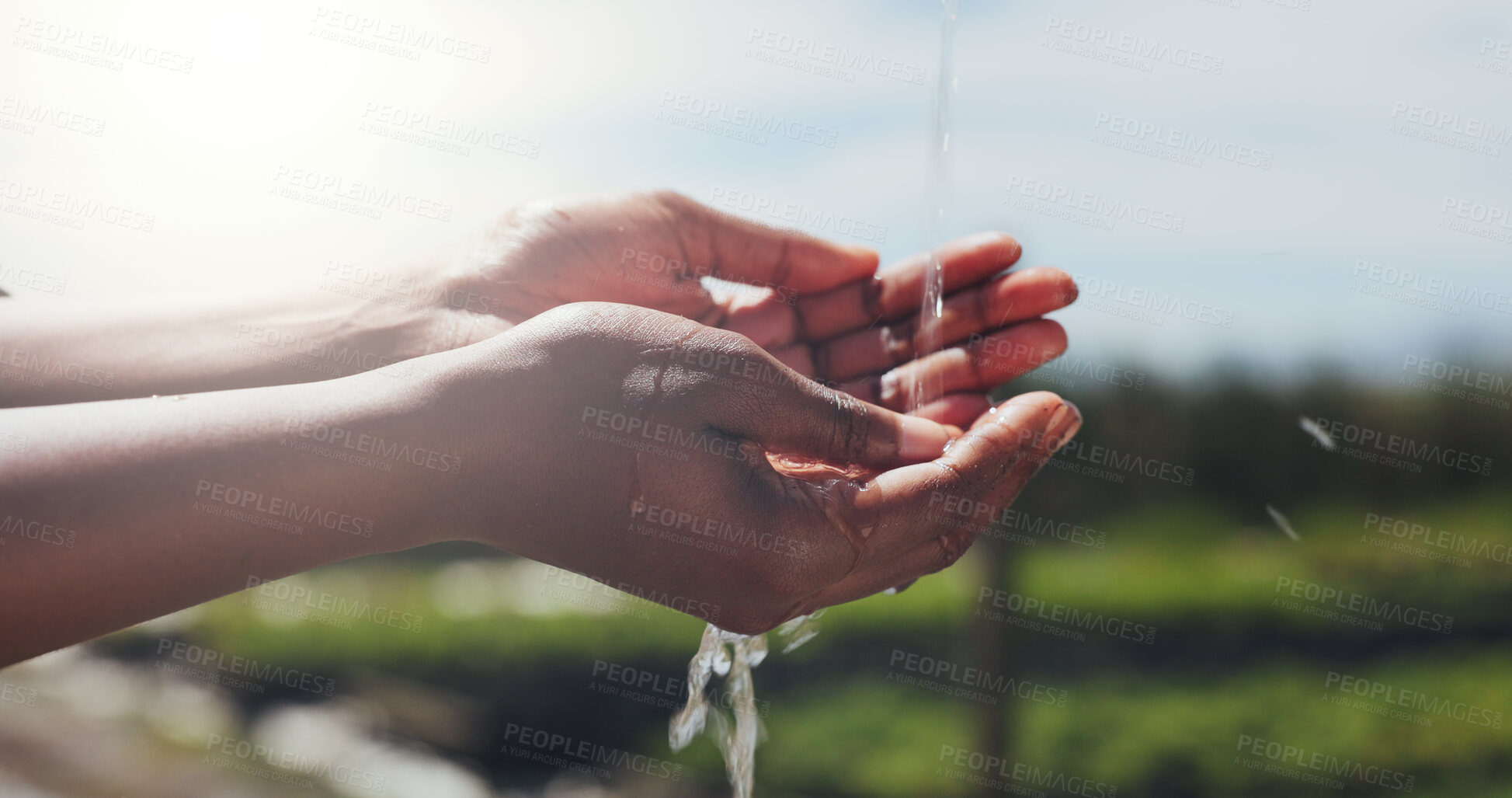 Buy stock photo Farming, water and sustainability with hands in nature for supply chain, growth and irrigation. Agriculture, countryside and field health with person and splash outdoor for wellness and hydration