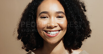 Buy stock photo Happy woman, portrait and teeth with dental care for cosmetics on a studio background. Female person, smile or tooth whitening with oral, mouth or gum health for dentist treatment, veneers or implant
