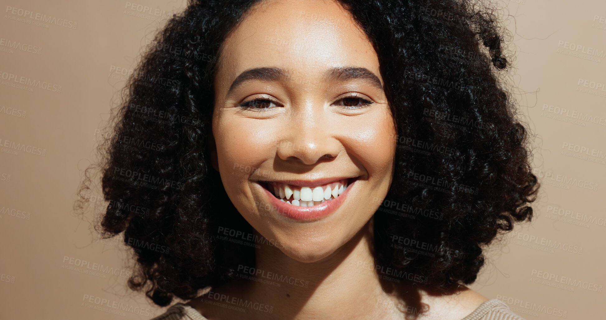 Buy stock photo Happy woman, portrait and teeth with dental care for cosmetics on a studio background. Female person, smile or tooth whitening with oral, mouth or gum health for dentist treatment, veneers or implant
