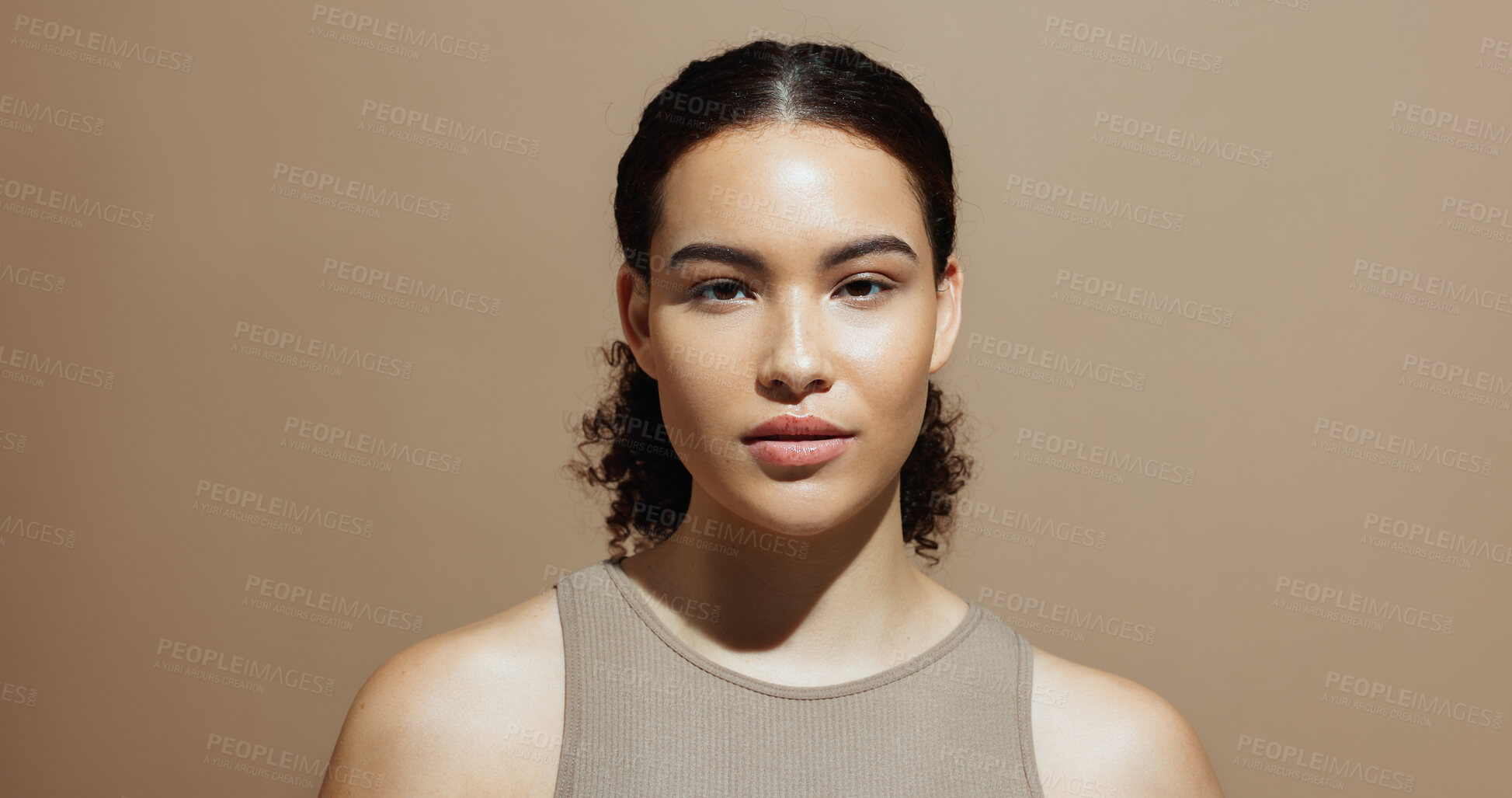 Buy stock photo Portrait, skincare and woman in studio, glow and natural dermatology on brown background space. Confidence, healthy skin and serious person with beauty cosmetics for shine, wellness and cosmetology