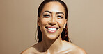 Portrait, skincare and woman in studio, smile and natural dermatology on brown background. Confidence, healthy skin and happy person with beauty cosmetics for shine, wellness and self care with glow