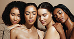 Skincare, diversity or women in studio with smooth skin, shine or glow in facial care. Wellness, group of people on brown background with confidence, dermatology or natural cosmetics for soft touch.