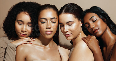 Buy stock photo Skincare, diversity or women in studio with smooth skin, shine or glow in facial care. Wellness, group of people on brown background with confidence, dermatology or natural cosmetics for soft touch.