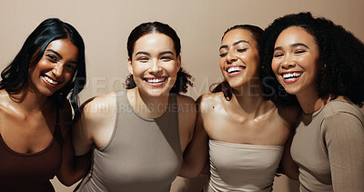 Buy stock photo Portrait, women and hug with smile for skincare, diversity and bonding together for beauty aesthetic. Happy, people and friends with embrace, dermatology and cosmetics for glow on studio background.