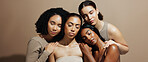 Eyes closed, beauty and women in studio, skincare and dermatology on white background. Space, wellness and people with shine, natural glow and texture with healthy skin, cosmetics and diversity