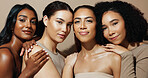 Skincare, diversity or women with portrait, smooth skin or glow in facial care. Wellness, group of people on studio background with confidence, dermatology or natural cosmetics for soft touch.