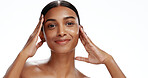 Portrait, beauty or woman with skincare in studio, facial shine or confidence for wellness aesthetic. Smile, dermatology or person with self care for healthy skin, natural makeup and white background