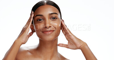 Buy stock photo Portrait, beauty or woman with skincare in studio, facial shine or confidence for wellness aesthetic. Smile, dermatology or person with self care for healthy skin, natural makeup and white background