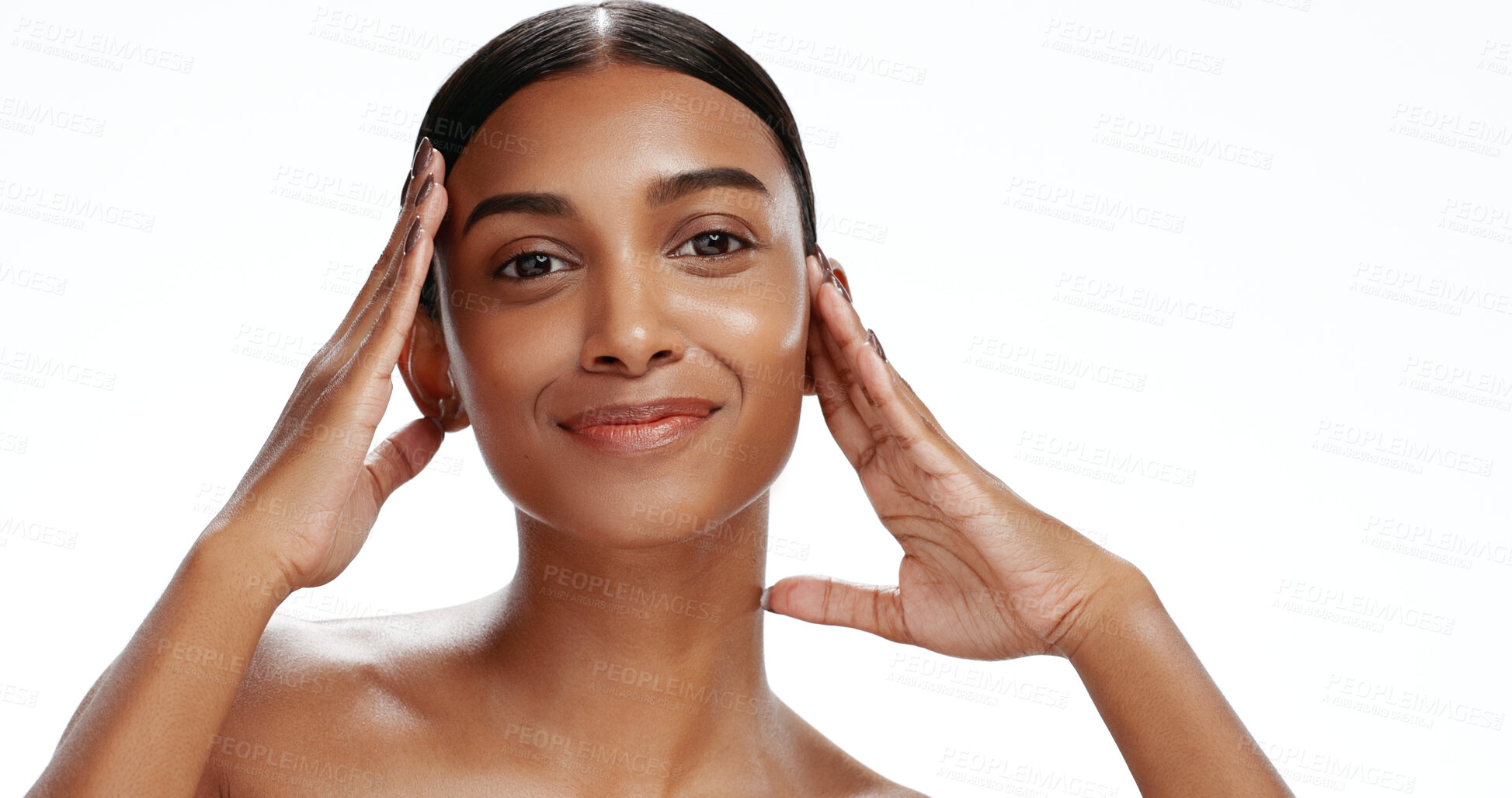 Buy stock photo Portrait, beauty or woman with skincare in studio, facial shine or confidence for wellness aesthetic. Smile, dermatology or person with self care for healthy skin, natural makeup and white background