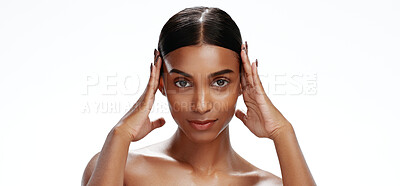 Buy stock photo Portrait, woman and confident with skincare in studio for natural beauty, clear skin and shine. Space, female person or serious with cosmetics, facial hydration and treatment glow on white background