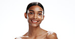 Portrait, woman and happy with skincare in studio for natural beauty, healthy skin and shine. Space, female person or confident with cosmetics, facial hydration and treatment glow on white background