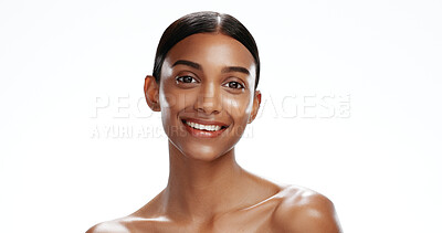 Buy stock photo Portrait, woman and happy with skincare in studio for natural beauty, healthy skin and shine. Space, female person or confident with cosmetics, facial hydration and treatment glow on white background