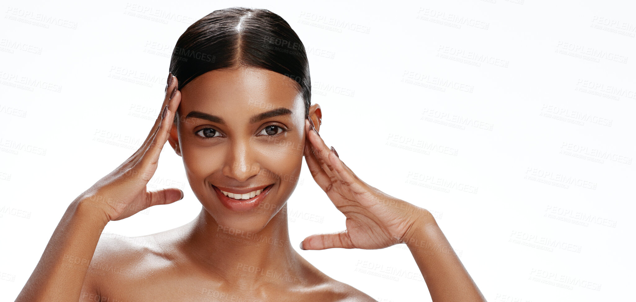 Buy stock photo Portrait, beauty or happy woman with skincare in studio, self care or facial shine for wellness aesthetic. Space, dermatology or person with smile for healthy skin, natural makeup or white background