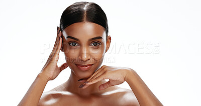 Buy stock photo Portrait, skincare and woman with touch in studio, beauty and wellness shine aesthetic for smile. Space, dermatology or person with smooth texture for healthy skin, natural makeup or white background