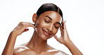 Confident, woman and smile with skincare in studio for natural beauty, clear skin and shine. Space, female person and eyes closed with cosmetics, facial hydration and healthy glow on white background