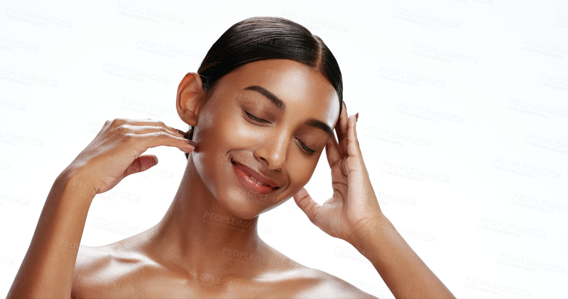 Buy stock photo Confident, woman and smile with skincare in studio for natural beauty, clear skin and shine. Space, female person and eyes closed with cosmetics, facial hydration and healthy glow on white background