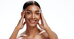 Portrait, skincare and woman with smile in studio, beauty and facial shine for wellness aesthetic. Space, dermatology and person with self care for healthy skin, natural makeup and white background