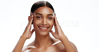 Buy stock photo Portrait, skincare and woman with smile in studio, beauty and facial shine for wellness aesthetic. Space, dermatology and person with self care for healthy skin, natural makeup and white background