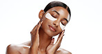 Woman, relax and eye mask in studio with skincare, hyaluronic acid and reduction of dark circles. Calm person, collagen patch and product for beauty, hydration benefits and space on white background.