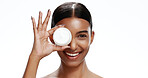 Portrait, skincare and woman with jar in studio, korean beauty product and collagen facial treatment. Space, smile or person with face cream for glowing skin, hydration benefits and white background