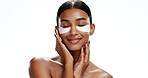 Happy, woman and eye mask in studio with skincare, hyaluronic acid and reduction of dark circles. Person, collagen patch or product for beauty routine, hydration benefits or space on white background