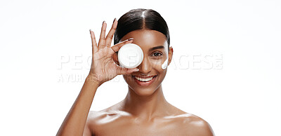 Buy stock photo Portrait, skincare and woman with face cream in studio, beauty product and collagen facial treatment. Space, smile or person with jar for glowing skin, hydration benefits and white background