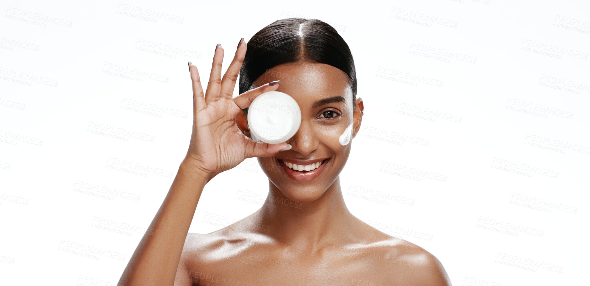 Buy stock photo Portrait, skincare and woman with face cream in studio, beauty product and collagen facial treatment. Space, smile or person with jar for glowing skin, hydration benefits and white background