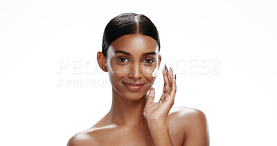 Buy stock photo Portrait, woman and skincare in studio with face cream, beauty and application for hydration benefits. Mockup space, person and smile with moisturizer, self care and dermatology on white background.