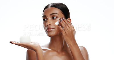 Buy stock photo Skincare, apply or woman thinking with jar in studio, beauty product or collagen facial treatment. Space, reflection or person with face cream for glowing skin, hydration benefits or white background