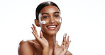 Portrait, woman and dermatology in studio with face cream, beauty or application for hydration benefits. Mockup space, person and smile with moisturizer, facial lotion or skincare on white background
