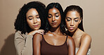 Shine, beauty and women in studio, skincare and dermatology on brown background. Grooming, wellness and people with natural glow, smooth and texture with healthy skin, cosmetics and diversity