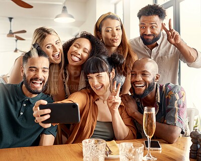 Buy stock photo Selfie, peace sign or friends in restaurant with celebration, reunion or bonding in digital memory. Happy, diversity or people with good time, fun gathering or group connection for social media.