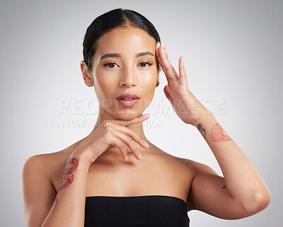 Buy stock photo Beauty, portrait and touch with woman in studio for cosmetology or dermatology results. Aesthetic, facial and skincare with confident person on white background for cosmetics or makeup transformation