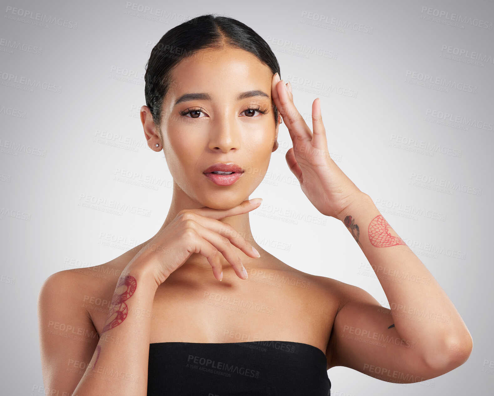 Buy stock photo Beauty, portrait and touch with woman in studio for cosmetology or dermatology results. Aesthetic, facial and skincare with confident person on white background for cosmetics or makeup transformation